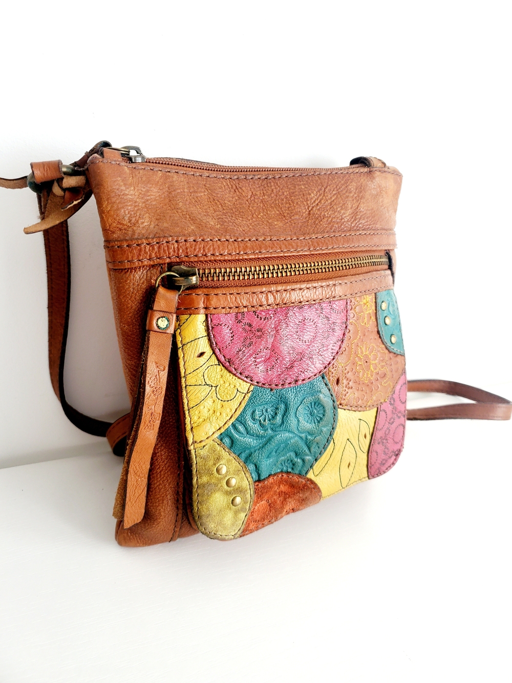 Fossil Brown Leather Crossbody with Multicolor Patchwork Front